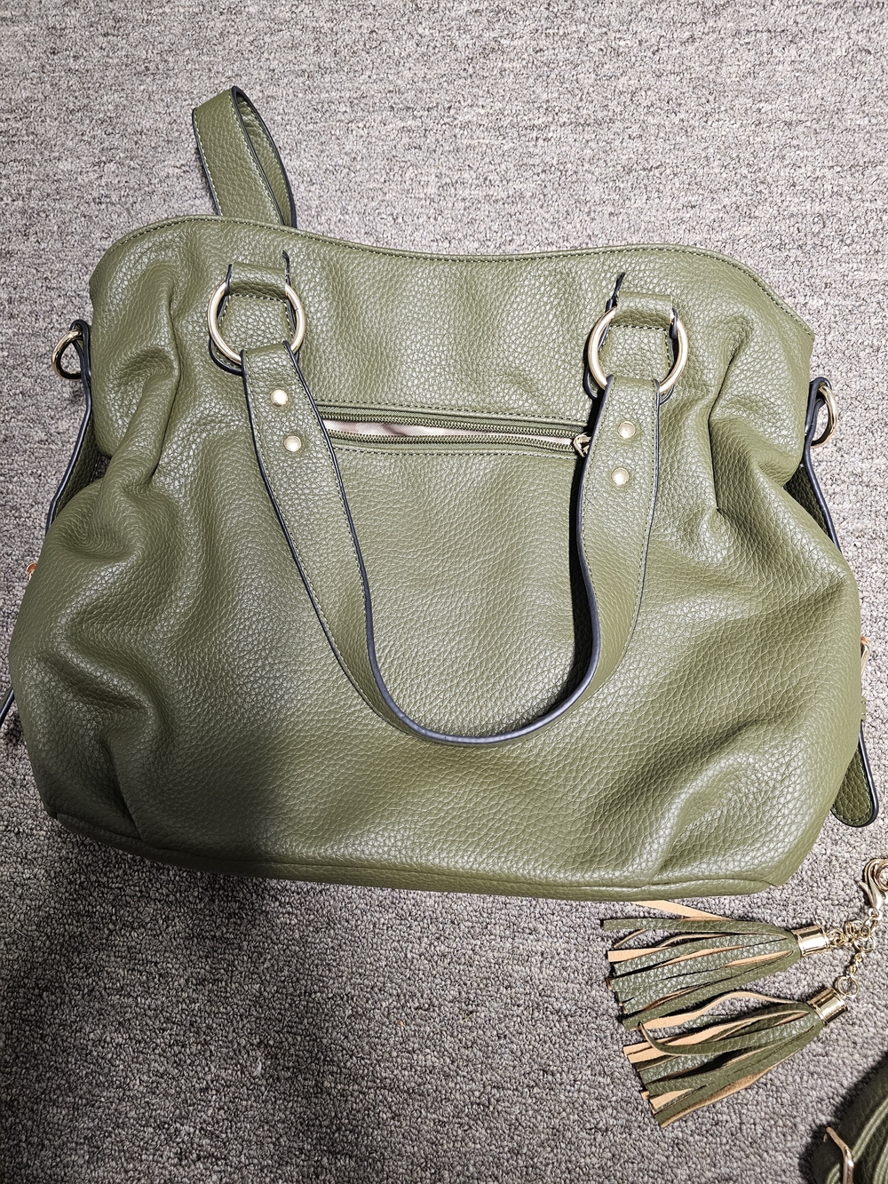 Olive Green Womens Tote Bag with Wallet and Tassel Accents - Picture 4 of 5